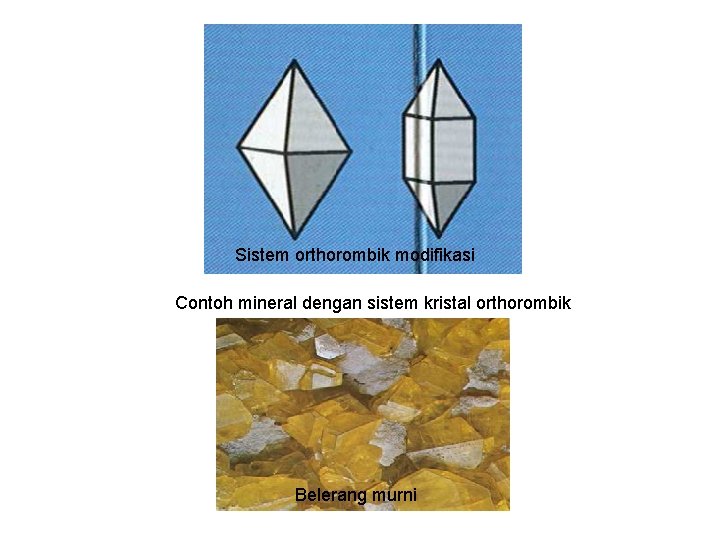 Sistem orthorombik modifikasi Contoh mineral dengan sistem kristal orthorombik Belerang murni 