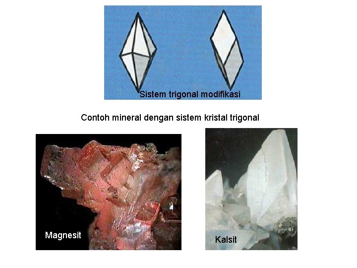 Sistem trigonal modifikasi Contoh mineral dengan sistem kristal trigonal Magnesit Kalsit Sistem trigonal modifikasi Contoh mineral dengan sistem kristal trigonal Magnesit Kalsit