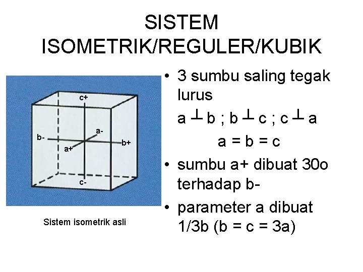SISTEM ISOMETRIK/REGULER/KUBIK c+ a- b- b+ a+ c- Sistem isometrik asli • 3 sumbu