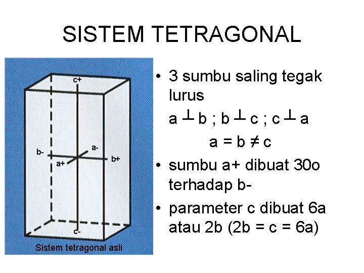 SISTEM TETRAGONAL c+ a- b- b+ a+ c- Sistem tetragonal asli • 3 sumbu SISTEM TETRAGONAL c+ a- b- b+ a+ c- Sistem tetragonal asli • 3 sumbu
