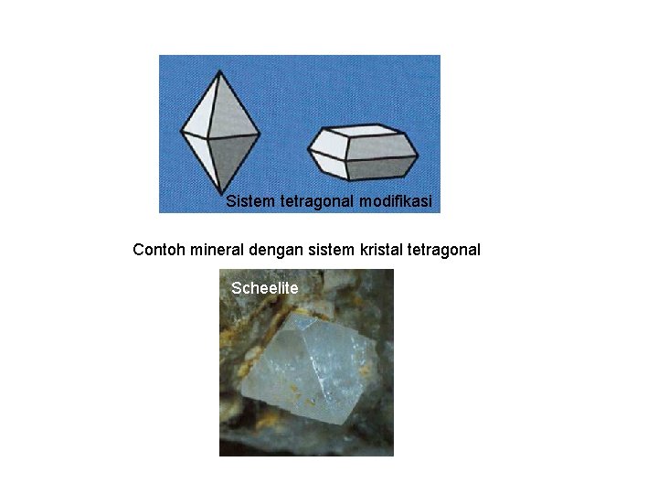 Sistem tetragonal modifikasi Contoh mineral dengan sistem kristal tetragonal Scheelite Sistem tetragonal modifikasi Contoh mineral dengan sistem kristal tetragonal Scheelite