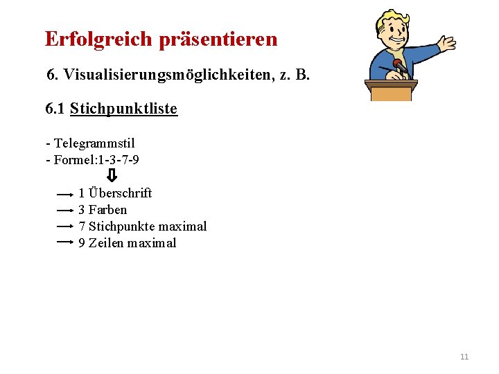 Erfolgreich präsentieren 6. Visualisierungsmöglichkeiten, z. B. 6. 1 Stichpunktliste - Telegrammstil - Formel: 1