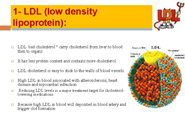 1 - LDL (low density lipoprotein): LDL: bad cholesterol " carry cholesterol from liver