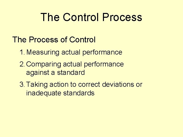 The Control Process The Process of Control 1. Measuring actual performance 2. Comparing actual