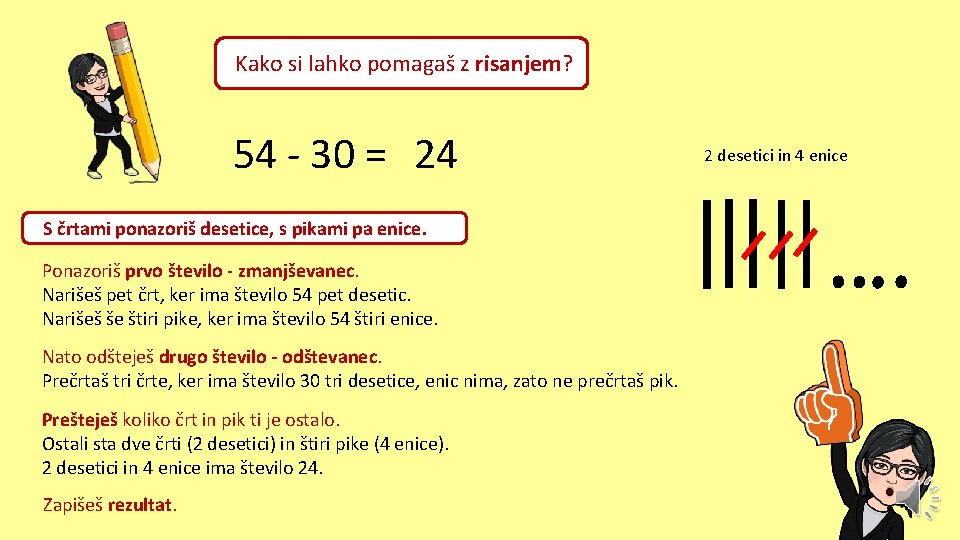 Kako si lahko pomagaš z risanjem? 54 - 30 = 24 S črtami ponazoriš