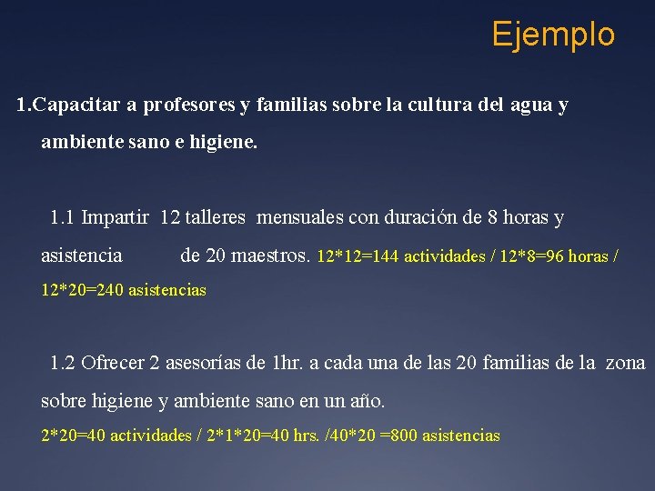 Ejemplo 1. Capacitar a profesores y familias sobre la cultura del agua y ambiente