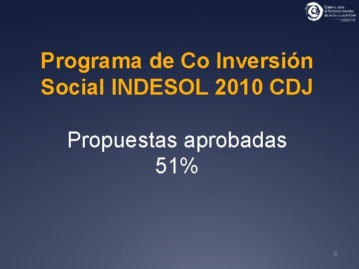 Programa de Co Inversión Social INDESOL 2010 CDJ Propuestas aprobadas 51% 6 