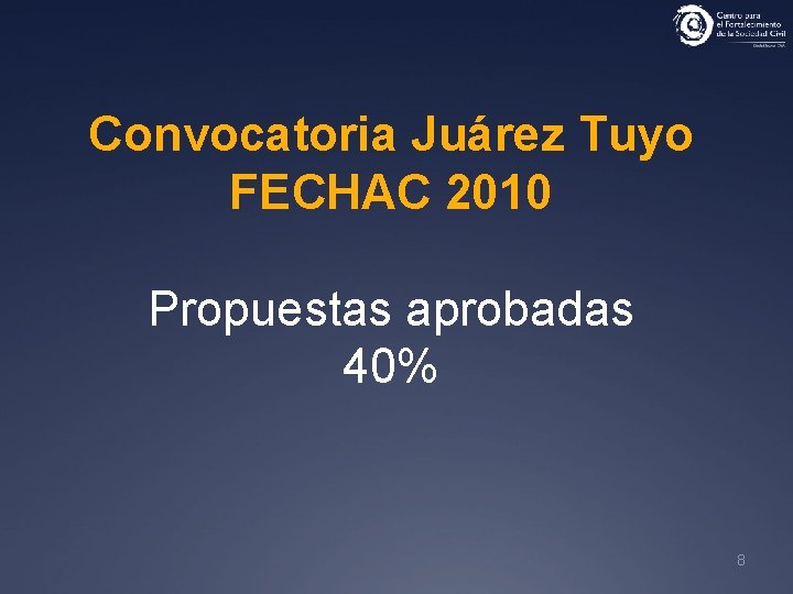 Convocatoria Juárez Tuyo FECHAC 2010 Propuestas aprobadas 40% 8 