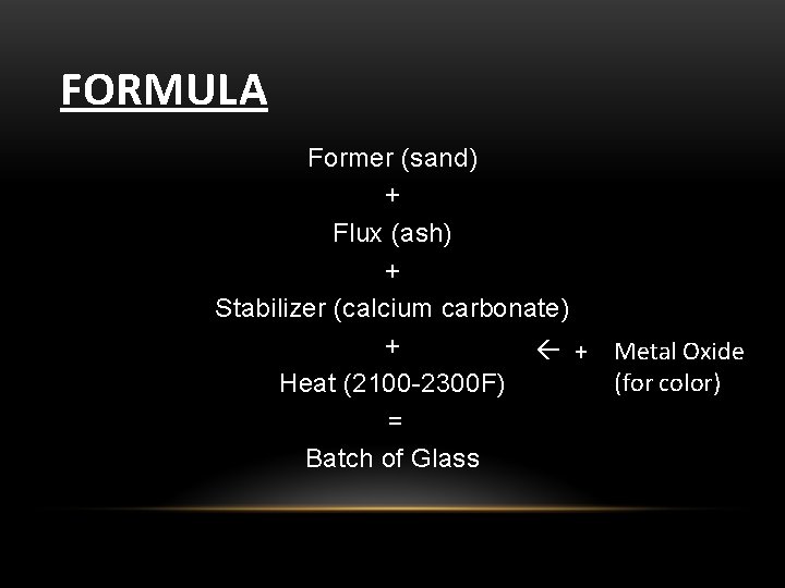 FORMULA Former (sand) + Flux (ash) + Stabilizer (calcium carbonate) + ß + Heat