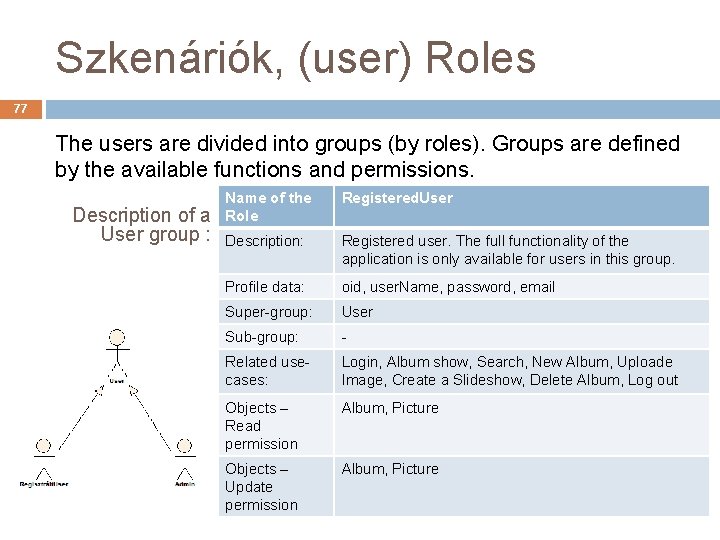 Szkenáriók, (user) Roles 77 The users are divided into groups (by roles). Groups are