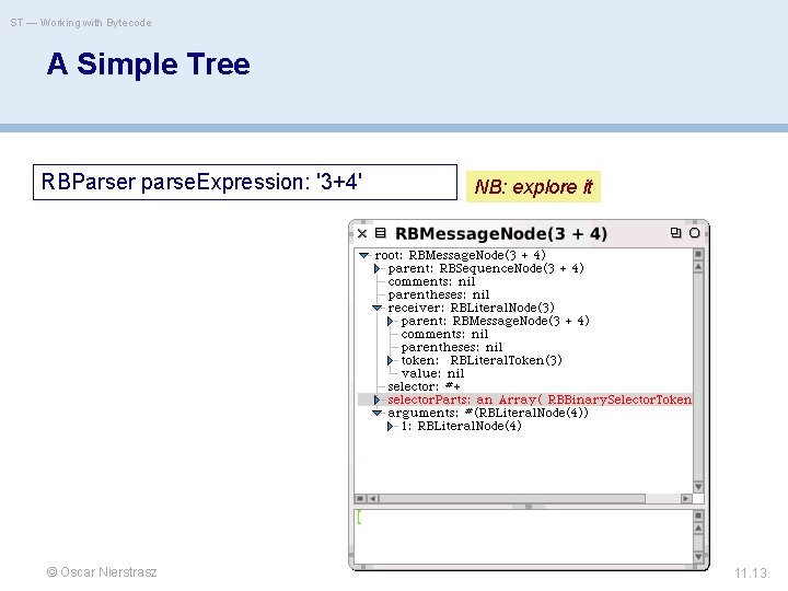 ST — Working with Bytecode A Simple Tree RBParser parse. Expression: '3+4' © Oscar