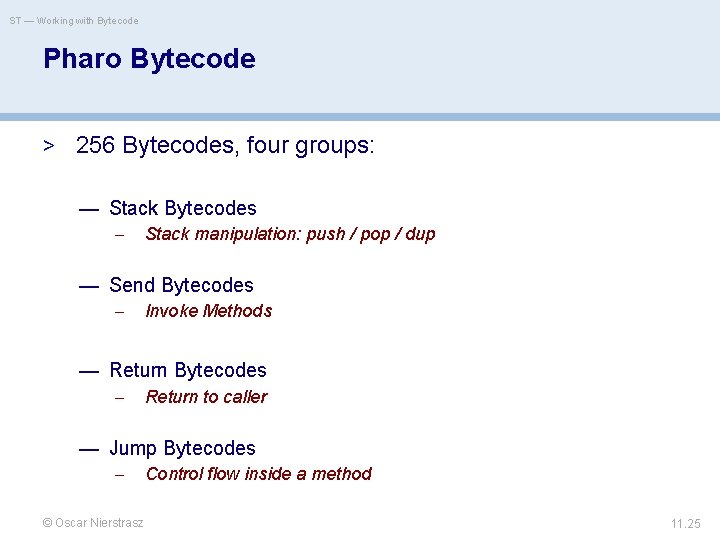ST — Working with Bytecode Pharo Bytecode > 256 Bytecodes, four groups: — Stack