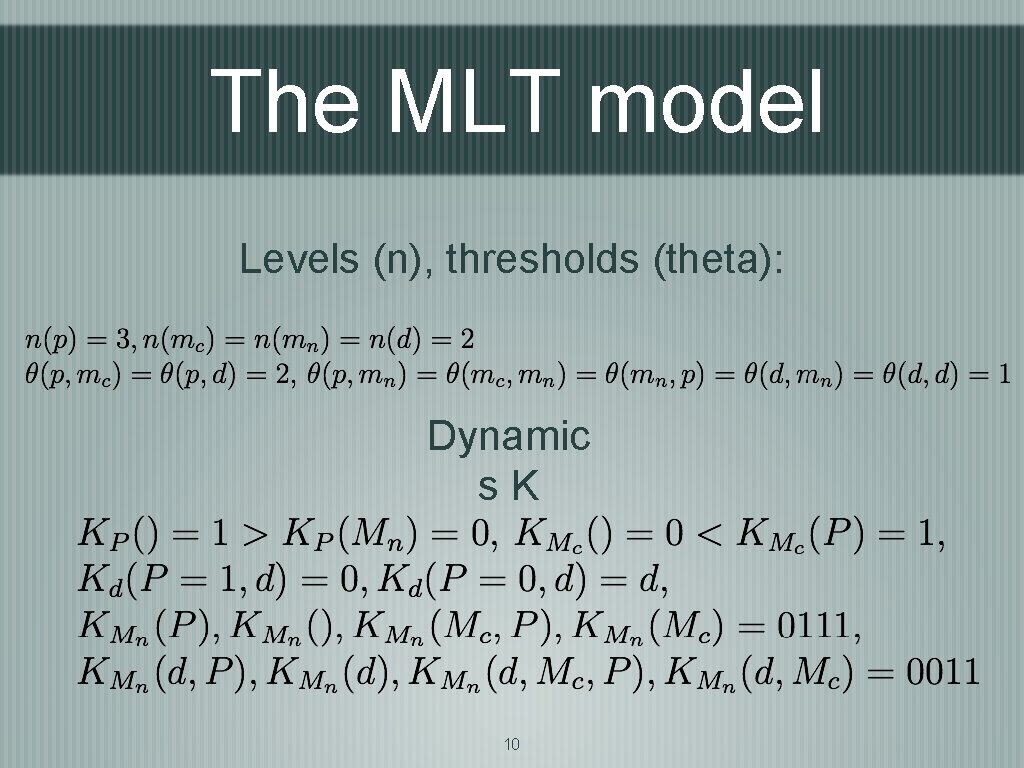 The MLT model Levels (n), thresholds (theta): Dynamic s. K 10 