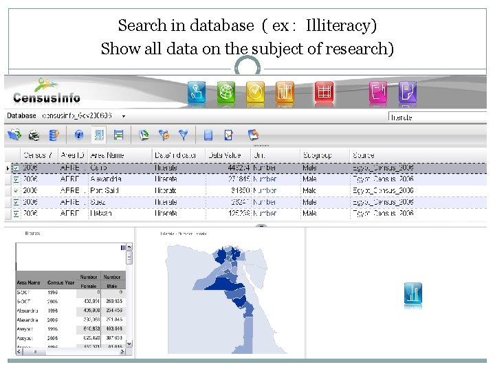 Search in database ( ex : Illiteracy) Show all data on the subject of