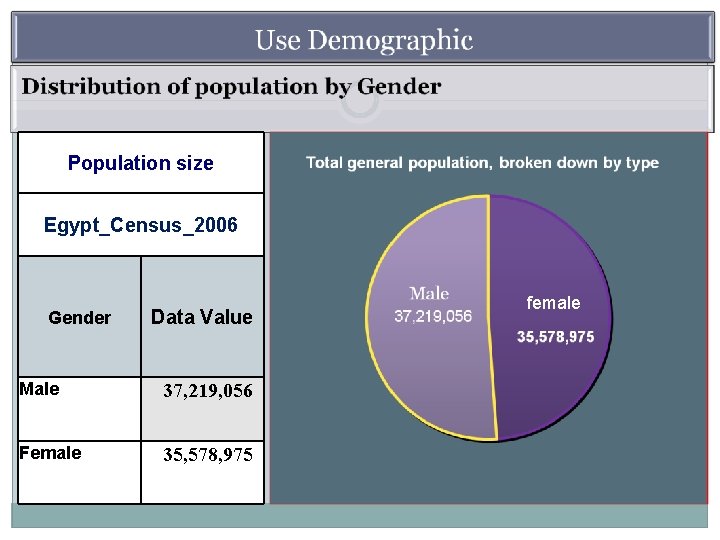 Population size Egypt_Census_2006 Gender Data Value Male 37, 219, 056 Female 35, 578, 975