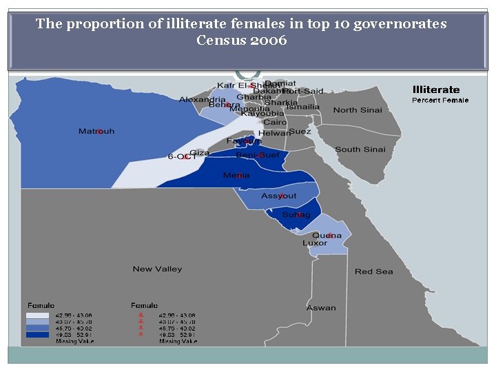 The proportion of illiterate females in top 10 governorates Census 2006 