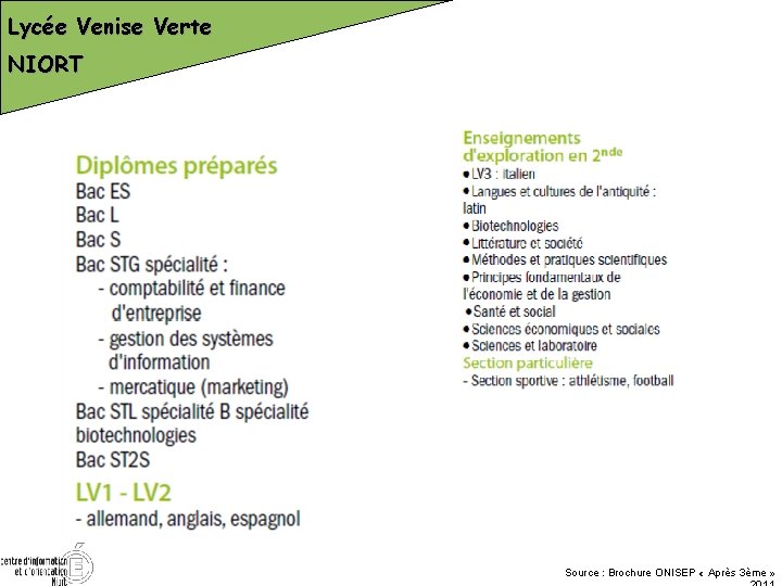 Lycée Venise Verte NIORT Source : Brochure ONISEP « Après 3ème » 