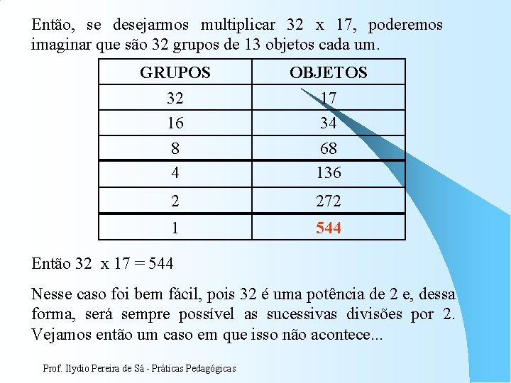 Então, se desejarmos multiplicar 32 x 17, poderemos imaginar que são 32 grupos de