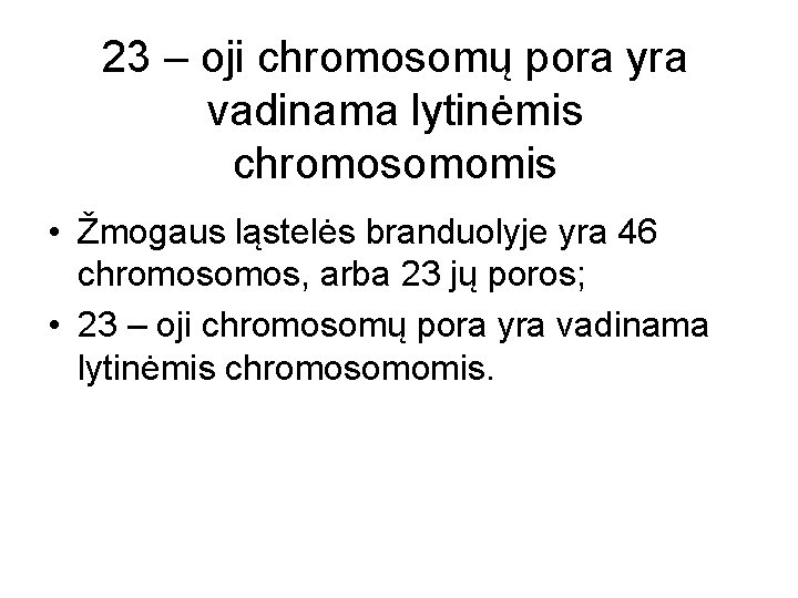 23 – oji chromosomų pora yra vadinama lytinėmis chromosomomis • Žmogaus ląstelės branduolyje yra