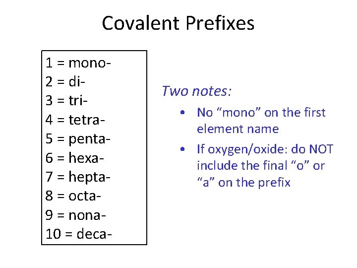 Covalent Prefixes 1 = mono 2 = di 3 = tri 4 = tetra