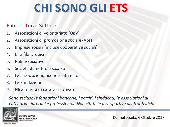 CHI SONO GLI ETS Enti del Terzo Settore 1. 2. 3. 4. 5. 6.