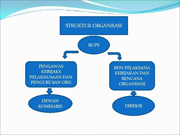 STRUKTUR ORGANISASI RUPS PENGAWAS KEBIJAKS PELAKSANAAN DAN PENGURUSAN ORG DEWAN KOMISARIS BDN PELAKSANA KEBIJAKAN