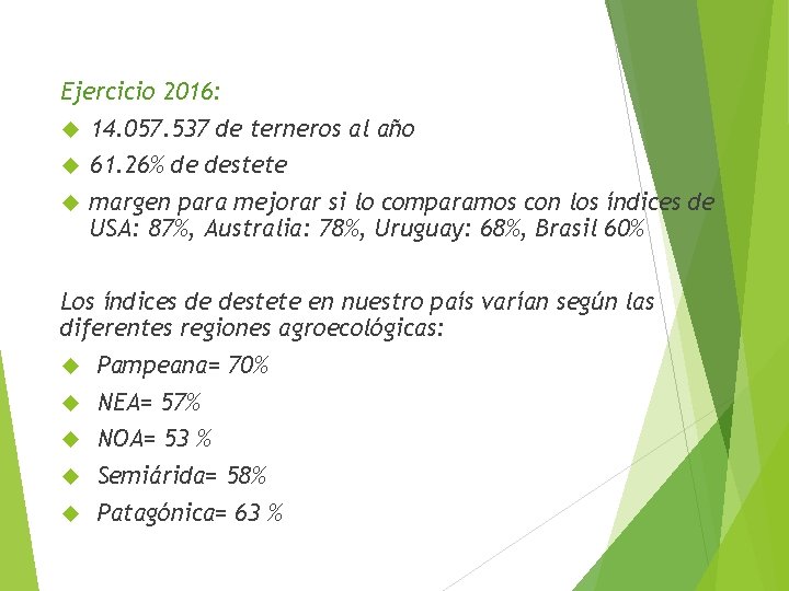 Ejercicio 2016: 14. 057. 537 de terneros al año 61. 26% de destete margen