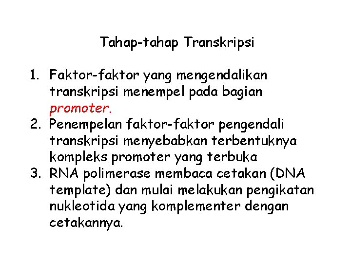 Tahap-tahap Transkripsi 1. Faktor-faktor yang mengendalikan transkripsi menempel pada bagian promoter. 2. Penempelan faktor-faktor