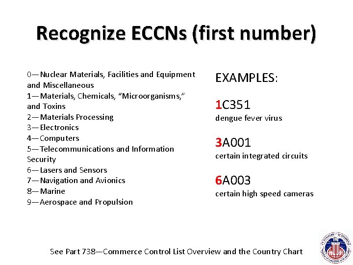 Recognize ECCNs (first number) 0—Nuclear Materials, Facilities and Equipment and Miscellaneous 1—Materials, Chemicals, “Microorganisms,