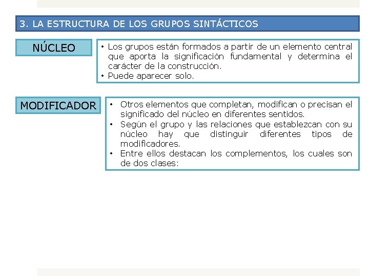 3. LA ESTRUCTURA DE LOS GRUPOS SINTÁCTICOS NÚCLEO MODIFICADOR • Los grupos están formados