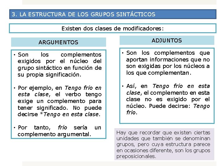 3. LA ESTRUCTURA DE LOS GRUPOS SINTÁCTICOS Existen dos clases de modificadores: ARGUMENTOS ADJUNTOS