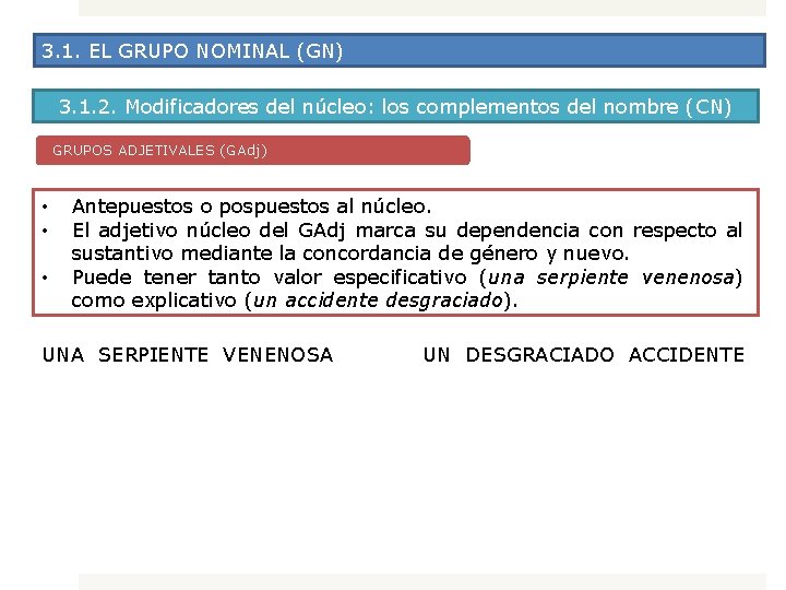 3. 1. EL GRUPO NOMINAL (GN) 3. 1. 2. Modificadores del núcleo: los complementos