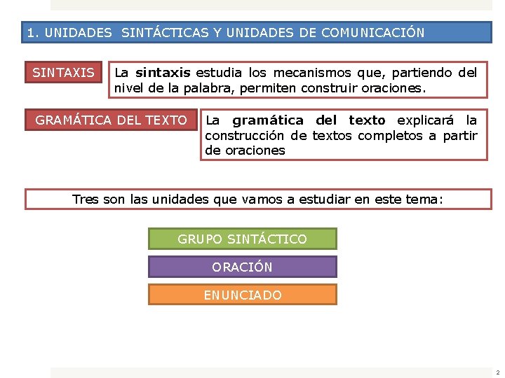 1. UNIDADES SINTÁCTICAS Y UNIDADES DE COMUNICACIÓN SINTAXIS La sintaxis estudia los mecanismos que,