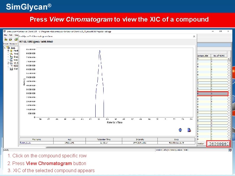 Press View Chromatogram to view the XIC of a compound 1. Click on the