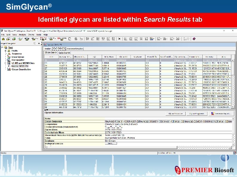 Identified glycan are listed within Search Results tab 
