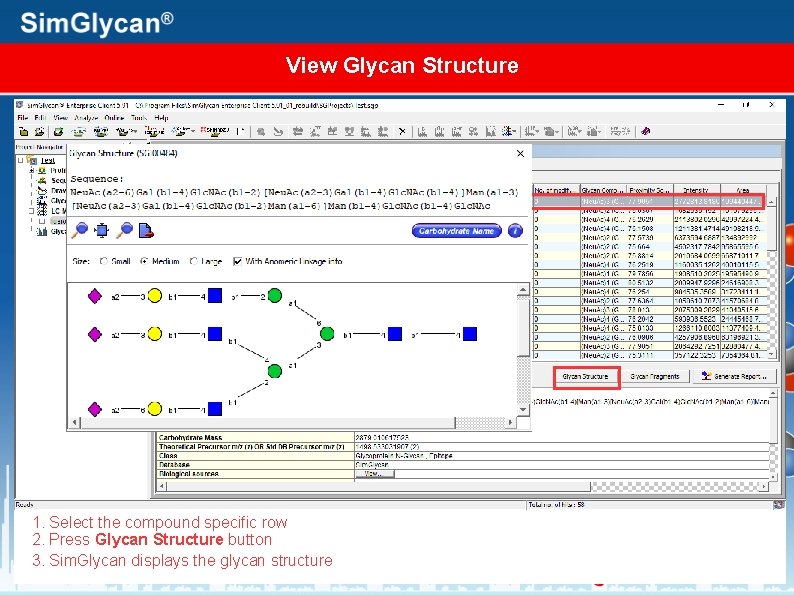 View Glycan Structure 1. Select the compound specific row 2. Press Glycan Structure button