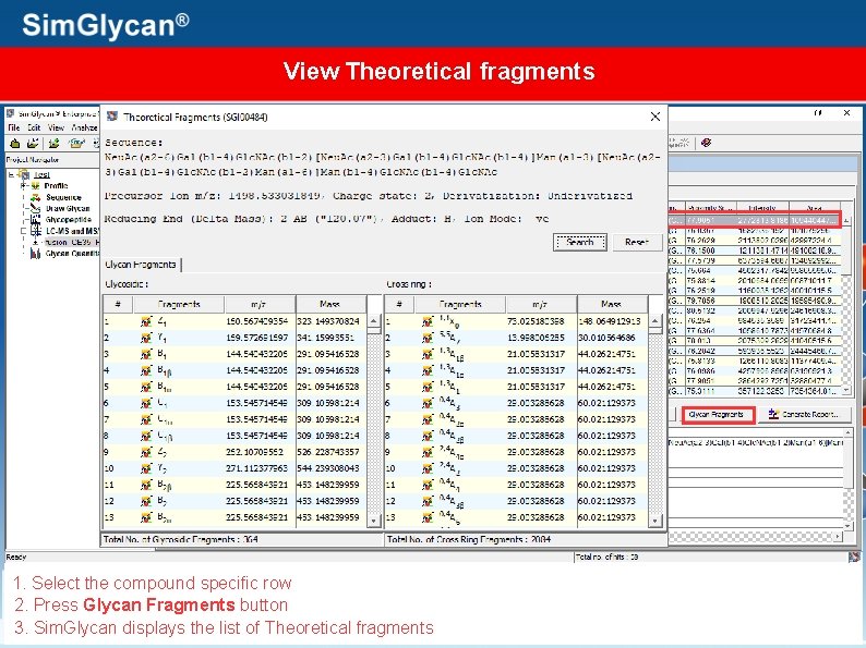 View Theoretical fragments 1. Select the compound specific row 2. Press Glycan Fragments button