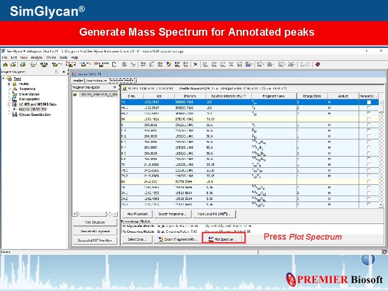 Generate Mass Spectrum for Annotated peaks Press Plot Spectrum 