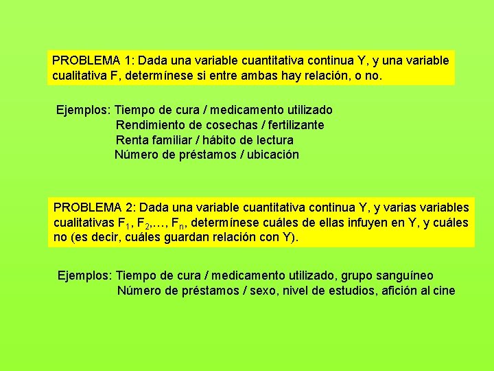 PROBLEMA 1: Dada una variable cuantitativa continua Y, y una variable cualitativa F, determínese