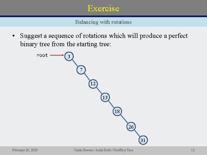 Exercise Balancing with rotations • Suggest a sequence of rotations which will produce a