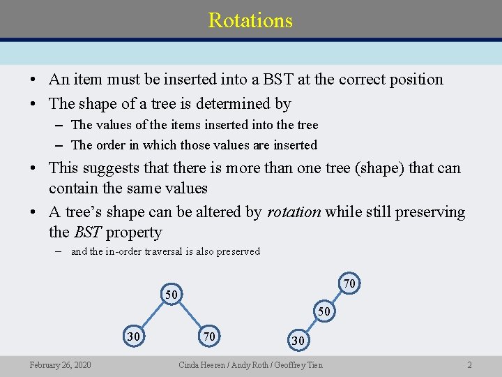 Rotations • An item must be inserted into a BST at the correct position