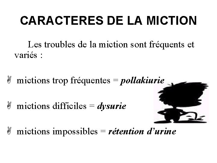 CARACTERES DE LA MICTION Les troubles de la miction sont fréquents et variés :