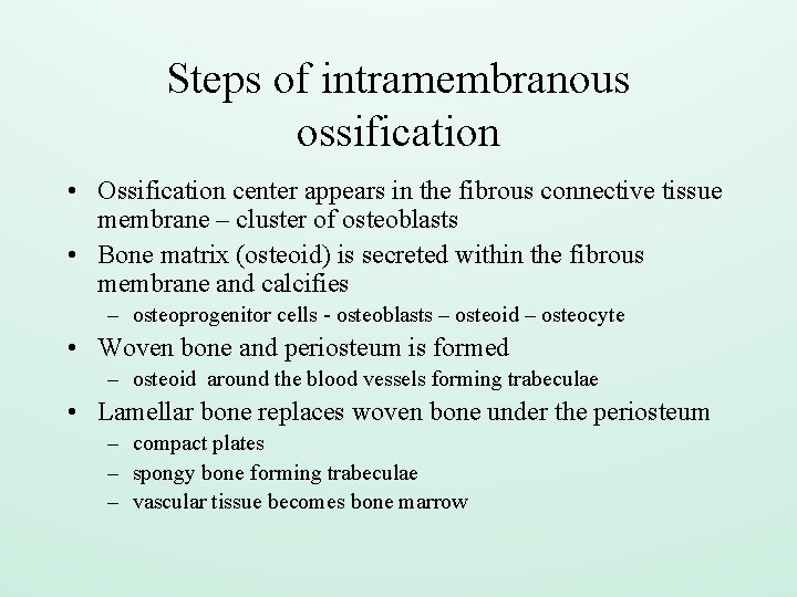 Steps of intramembranous ossification • Ossification center appears in the fibrous connective tissue membrane