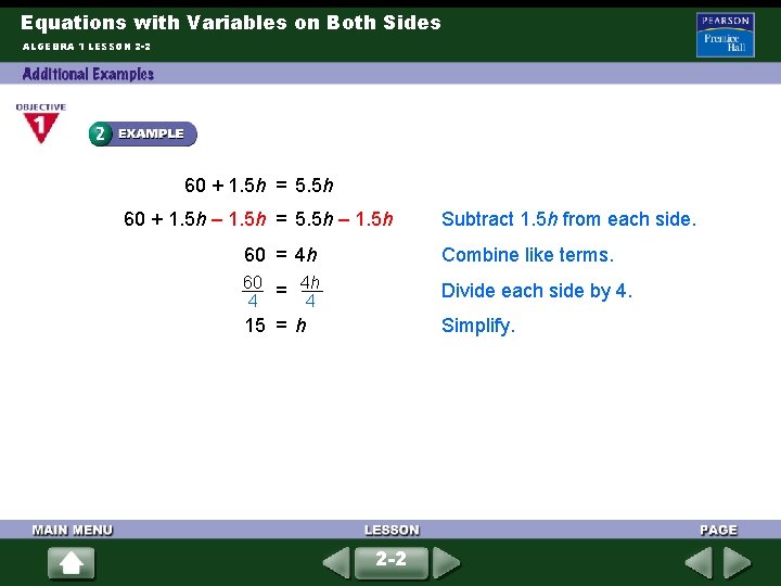 Equations with Variables on Both Sides ALGEBRA 1 LESSON 2 -2 60 + 1.