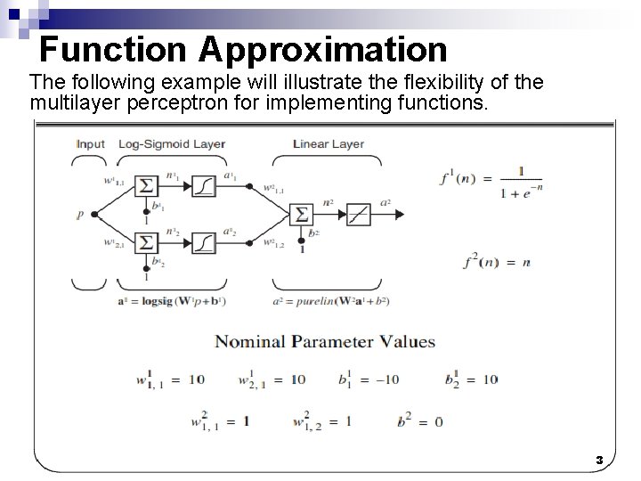 Function Approximation The following example will illustrate the flexibility of the multilayer perceptron for