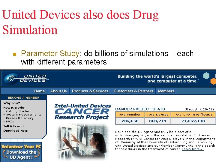 United Devices also does Drug Simulation n Parameter Study: do billions of simulations –