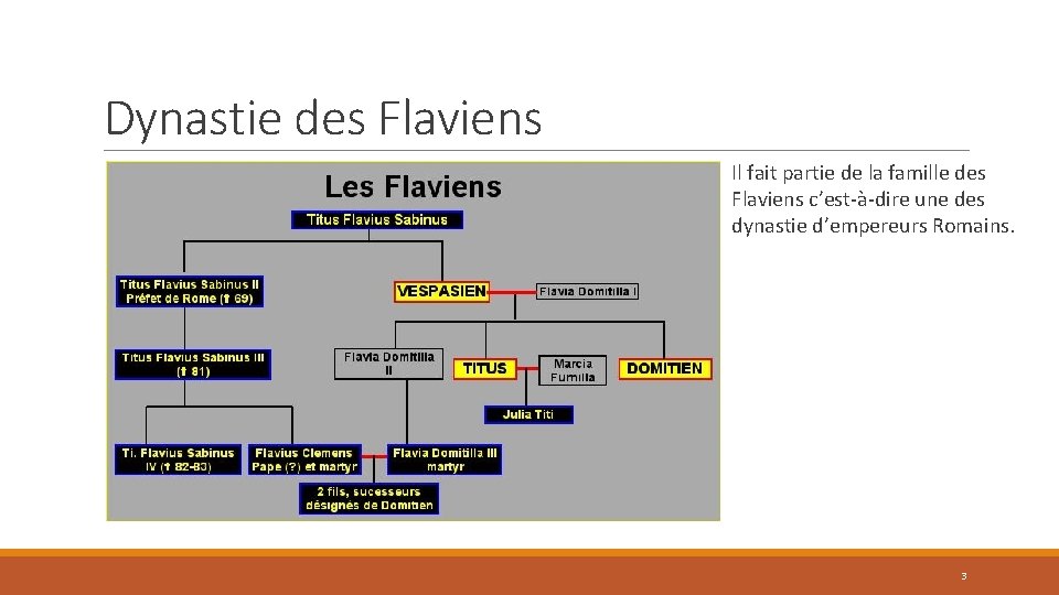 Dynastie des Flaviens Il fait partie de la famille des Flaviens c’est-à-dire une des