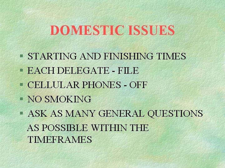 DOMESTIC ISSUES § § § STARTING AND FINISHING TIMES EACH DELEGATE - FILE CELLULAR