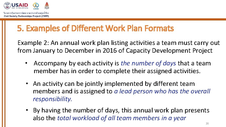 5. Examples of Different Work Plan Formats Example 2: An annual work plan listing 5. Examples of Different Work Plan Formats Example 2: An annual work plan listing