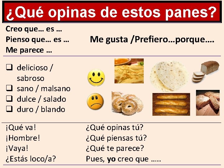 ¿Qué opinas de estos panes? Creo que… es … Pienso que… es … Me